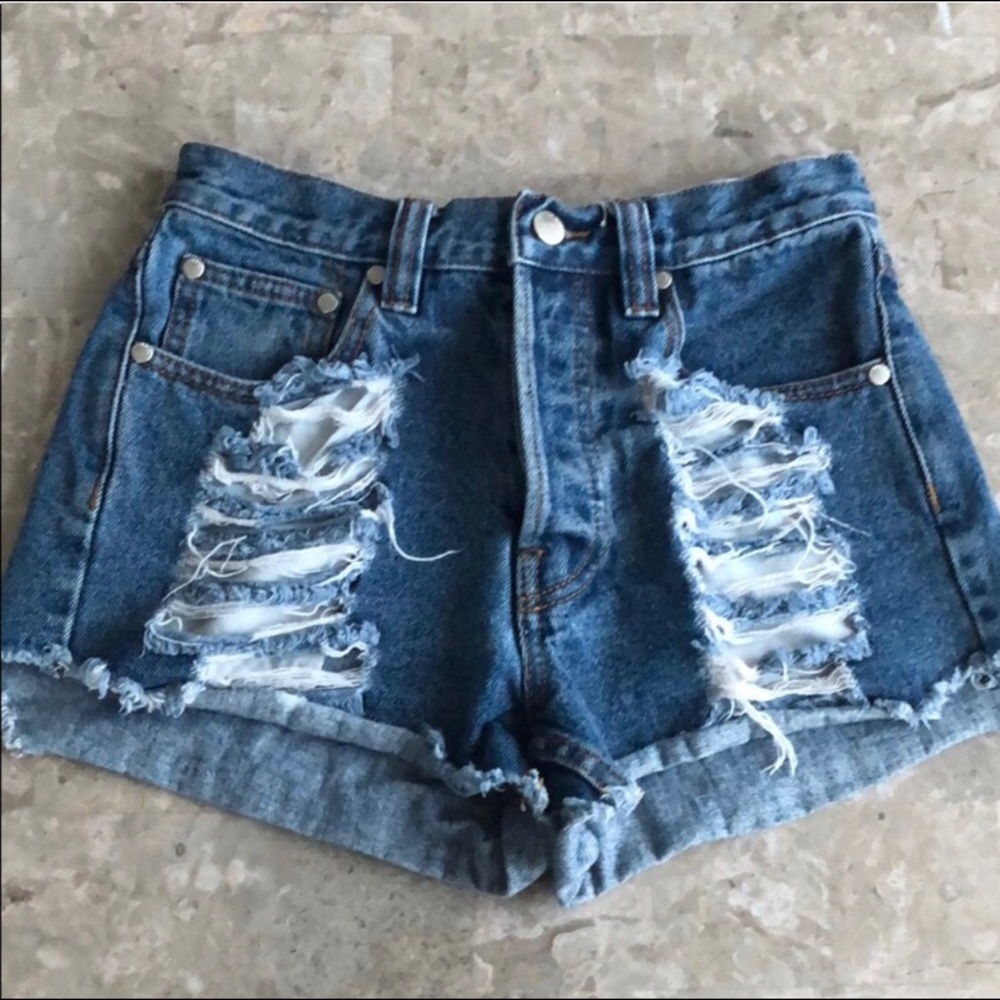 MINKPINK High Waisted Denim Shorts (Dark Wash)